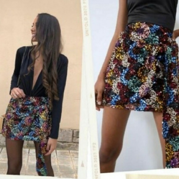Zara Multicolored Faux Wrap Sequin Mini Skirt Bloggers favorite - Picture 7 of 9
